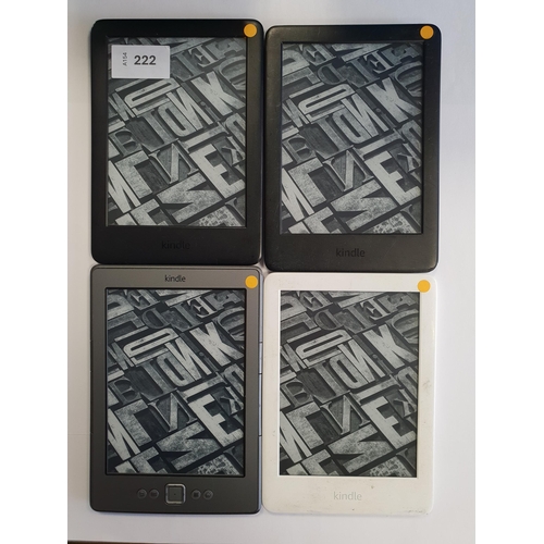 222 - FOUR AMAZON KINDLE E-READERS
comprising two Basic 3, serial numbers G091 0L04 9325 04XC and G090 VB0... 