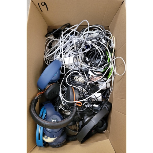 19 - ONE BOX OF HEADPHONES AND CABLES
on-ear and in-ear, including Sony