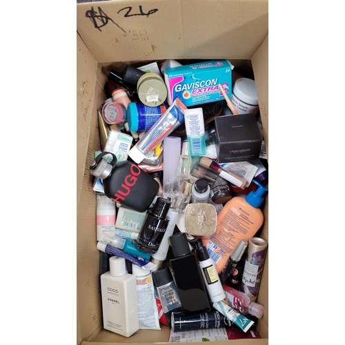 26 - ONE BOX OF TOILETRIES AND COSMETICS
Chanel, YSL, Dior, L'Oreal, Hugo Boss, Jo Malone, Rimmel, Laura ... 