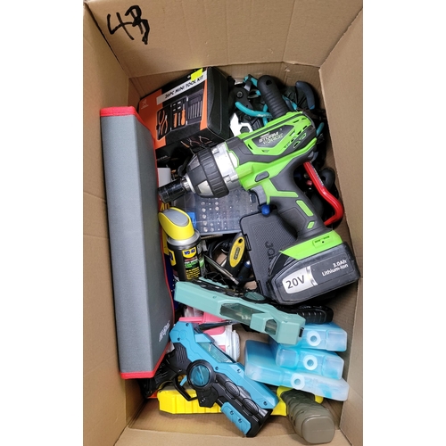 43 - ONE BOX OF MISCELLANEOUS ITEMS
Including: Draper Storm force drill, screwdriver set, mini tool kit, ... 