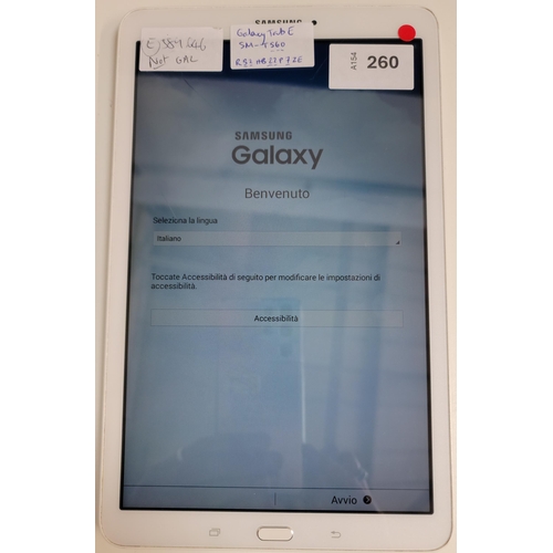 260 - SAMSUNG TAB E 
model - SM-T560, s/n - R52HB22P7ZE; NOT Google account locked. Scratches to screen
No... 