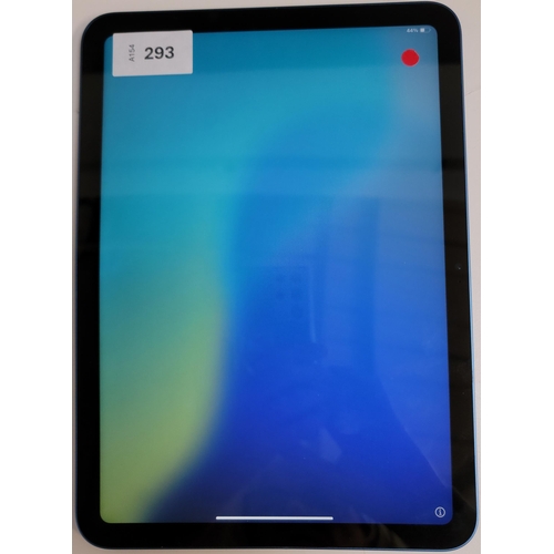 293 - APPLE IPAD 10TH GENERATION - A2696 - WIFI 
serial number D2PXKP4DXT. Apple account locked. Ipad is b... 