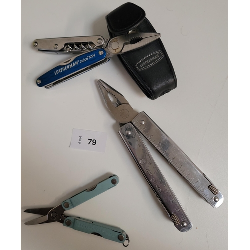 79 - TWO LEATHERMAN MULTI-TOOLS AND A VICTORINOX EXAMPLE
the Leatherman tools comprising a Juice CS4 in c... 