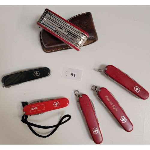 81 - SIX VICTORINOX SWISS ARMY KNIVES
of various sizes and designs
Note: You must be over the age of 18 t... 