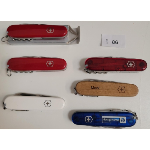 86 - SIX VICTORINOX SWISS ARMY KNIVES
of various sizes and designs
Note: You must be over the age of 18 t... 