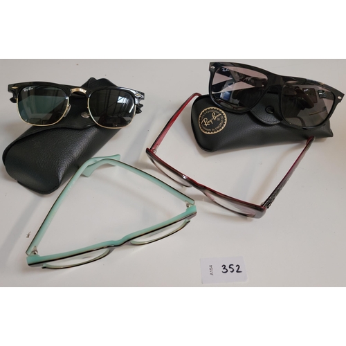 352 - TWO PAIRS OF DESIGNER SUNGLASSES AND TWO PAIRS OF GLASSES
the sunglasses both Ray-Ban in cases, the ... 