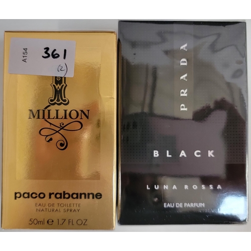 361 - TWO NEW AND BOXED PERFUMES
comprising Prada Black Luna Rossa eau de parfum (100ml); and Paco Rabanne... 