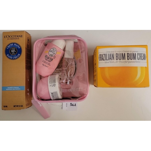 362 - SELECTION OF NEW TOILETRIES
comprising L'Occitane Dry Skin Hand Cream (150ml), Brazilian Bum Bum Cre... 