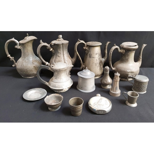 386 - ASSORTMENT OF PEWTER WARES
including coffee pots, small tobacco jar, cruet, hip flask, 'just a thimb... 