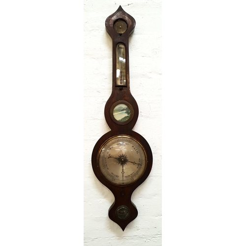 398 - VICTORIAN BANJO BAROMETER
bevel missing from top gauge, with inked decoration, 93 cm long