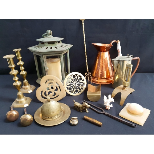 418 - ASSORTMENT OF METAL AND STONE WARE
including cast iron hanging lamp, copper pitcher, pair of brass c... 