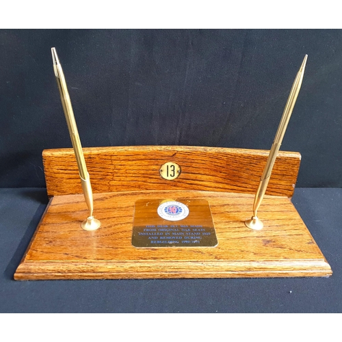 426 - RANGERS FOOTBALL CLUB INTEREST - OAK DESK STAND 
with plaque affixed reading 'This desk set was made... 