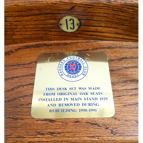 426 - RANGERS FOOTBALL CLUB INTEREST - OAK DESK STAND 
with plaque affixed reading 'This desk set was made... 