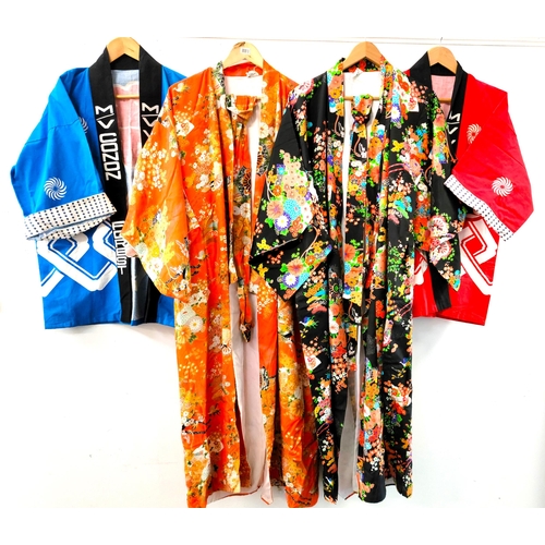 519 - FOUR VINTAGE KIMONOS
one on orange ground full length with belt, one on black ground full length wit... 