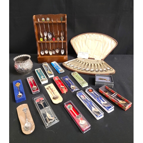 257 - SELECTION OF SOUVENIR SPOONS AND PLATED WARE
comprising twelve spoons on wooden display rack; fiftee... 