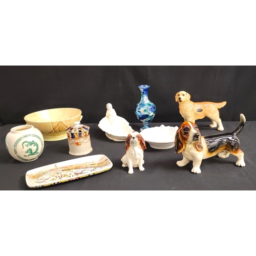 321 - SELECTION OF DECORATIVE CERAMICS 
including three dog figurines; porcelain Sadler green and white gi... 