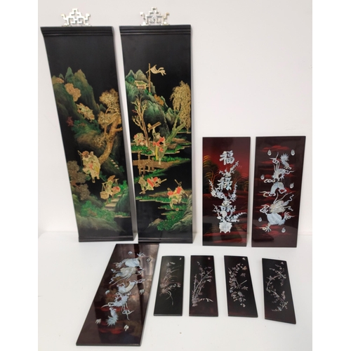 436 - SELECTION OF VINTAGE ORIENTAL LACQURED PANELS
the largest pair depicting colourful scene of men clim... 