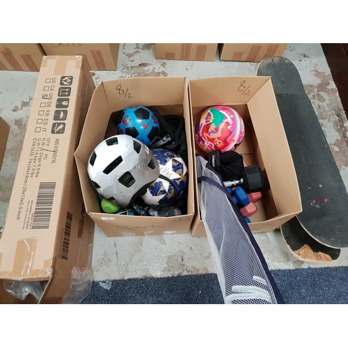 8 - TWO BOXES OF SPORTING AND LEISURE ITEMS
including two skateboards, dumbbells, weights, bike helmet, ... 