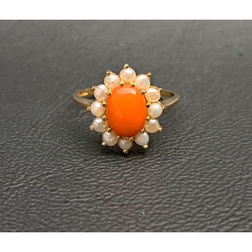 169 - CORAL AND SEED PEARL CLUSTER RING
the central oval coral cabochon in twelve seed pearl surround, on ... 