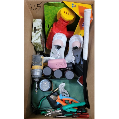 45 - ONE BOX OF MISCELLANEOUS ITEMS
including: a set of Boule, small DeWalt drill, loose tools, toiletrie... 