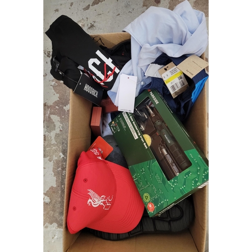 59 - ONE BOX OF NEW ITEMS
including: Gents clothing, Gents shoes, travel pillow, stationary, cap and sold... 