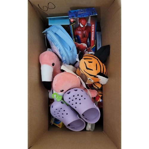 60 - ONE BOX OF NEW ITEMS
including: Childrens' clothes, toys, cuddly toys with sweets and pair of Crocs ... 