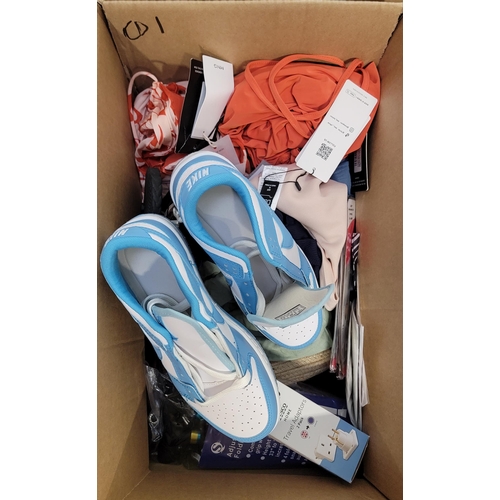 61 - ONE BOX OF NEW ITEMS
including: Ladies clothing, ladies sandles, travel plug and pair of light blue ... 