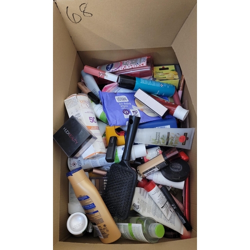 68 - ONE BOX OF TOILETRIES AND COSMETICS
including: NYX, Huda Beauty, Chanel, Mabelline, Kiko, Bobbi Brow... 