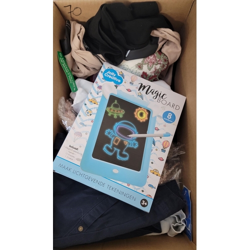 70 - ONE BOX OF NEW ITEMS
including: masquerade mask, quantity of clothing, headbands, electrical kids dr... 