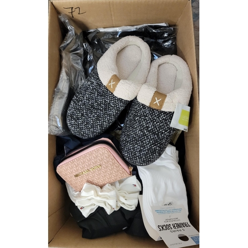 72 - ONE BOX OF NEW ITEMS
including: quantity of clothing, socks, ladies slippers, purse