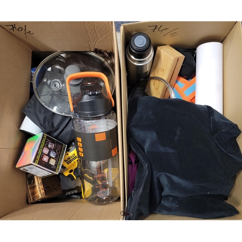 76 - TWO BOXES OF MISCELLANEOUS ITEMS
including: water bottle, pots, DeWalt drill with two batteries, fla... 