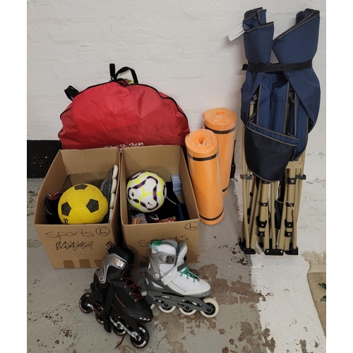 78 - TWO BOX OF SPORTING AND LEISURE ITEMS
including: two pairs of rollerskates, one size six and the oth... 