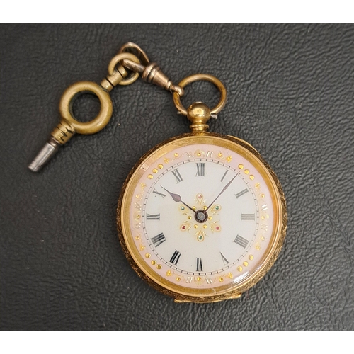 31 - EIGHTEEN CARAT GOLD FOB WATCH
the white enamel dial with Roman numerals and gilt detail to the centr... 