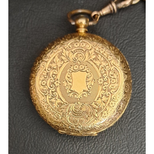 31 - EIGHTEEN CARAT GOLD FOB WATCH
the white enamel dial with Roman numerals and gilt detail to the centr... 