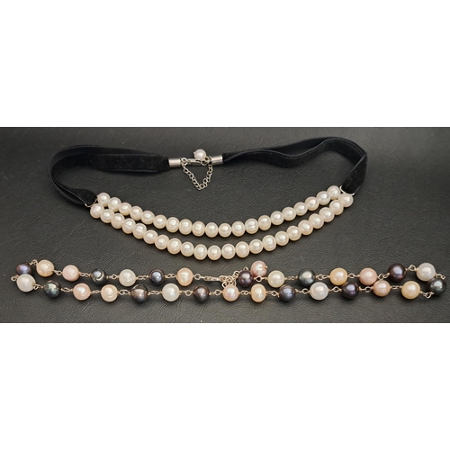 54 - TWO PEARL NECKLACES
comprising a tri-colour example with white, pink and black pearls separated by s... 