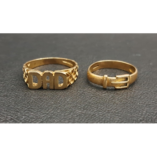 158 - TWO NINE CARAT GOLD RINGS
one a buckle design ring and the other with the name 'DAD', ring sizes M a... 