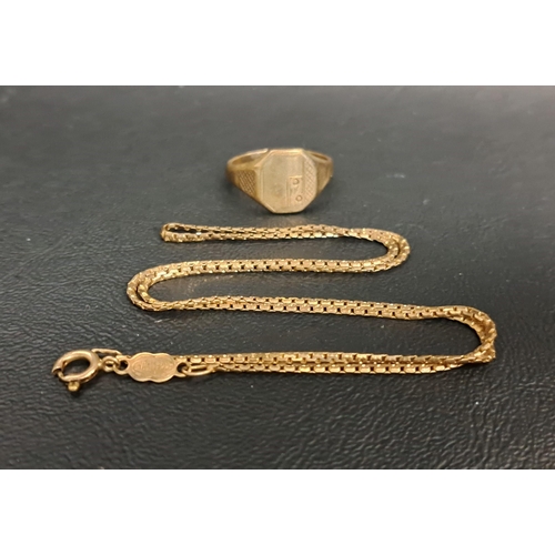 166 - NINE CARAT GOLD NECK CHAIN AND SIGNET RING
the chain 44.5cm long and the ring size P, total weight a... 