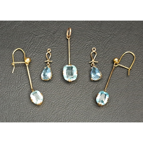 105 - PAIR OF FACETED BLUE GLASS SET PENDANT AND MATCHING EARRINGS
all in nine carat gold; together with a... 