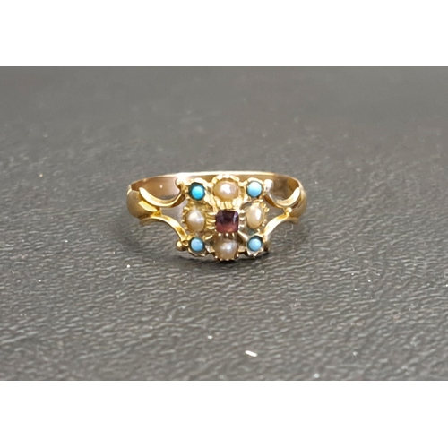 135 - EARLY 20th CENTURY AMETHYST, TURQUOISE AND SEED PEARL RING
in unmarked gold, ring size N and approxi... 