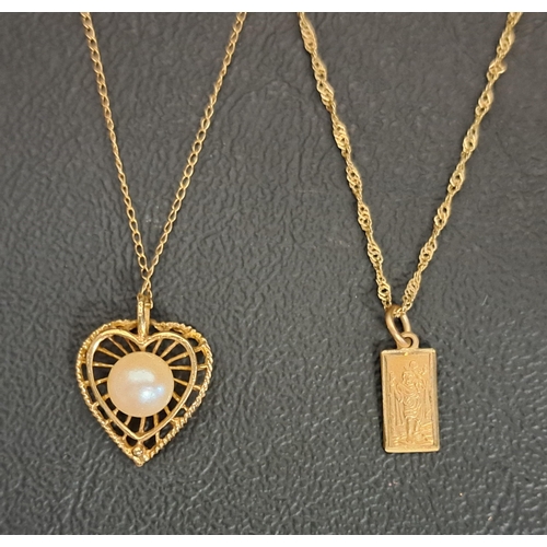 154 - TWO GOLD PENDANTS ON CHAINS
comprising a pearl set pierced heart shaped pendant in unmarked gold and... 