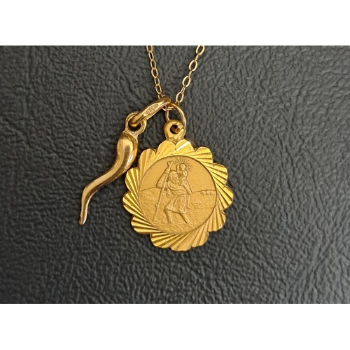 161 - TWO NINE CARAT GOLD PENDANTS ON CHAIN
one a Saint Christopher pendant and the other in the form of a... 