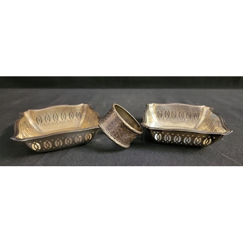 260 - PAIR OF SILVER BONBON DISHES
Richard Comyns, London 1927, 110g/3.8oz, a silver napkin ring engraved ... 