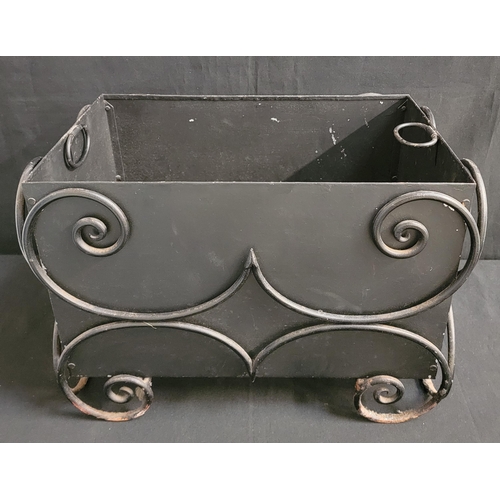 432 - METAL LOG BOX
with black ornate wrought iron work, 44 x 30 x 28cm