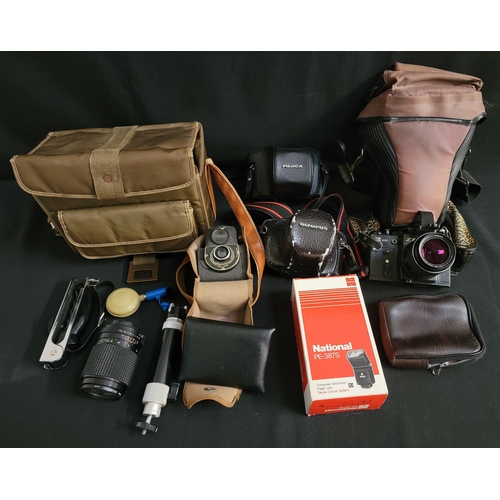 464 - SELECTION OF CAMERAS AND CAMERA EQUIPMENT
including Zenit 12 XP camera; Fujica ST605N camera; Olympu... 