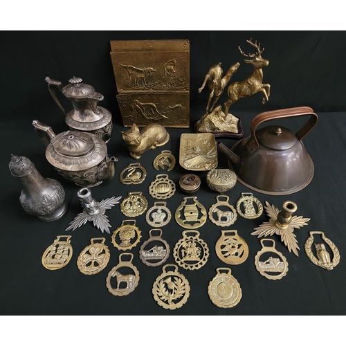 466 - SELECTION OF METAL ITEMS 
including flat bottomed conical copper kettle; brass cat ornament; two can... 