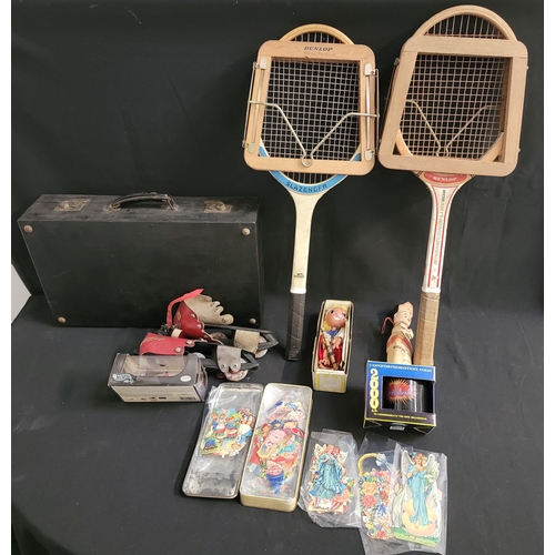 473 - SELECTION OF VINTAGE SPORTING AND OTHER COLLECTABLES
including two wooden tennis rackets - Slazenger... 