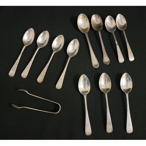 267 - NINE SILVER TEASPOONS AND SUGAR TONGS
by Charles William Fletcher, Sheffield 1910, the tongs 1908; a... 