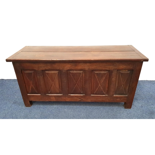 634 - ANTIQUE SCOTTISH OAK COFFER
with five panels to front, with plain lid, 129 x 60 x 44cm