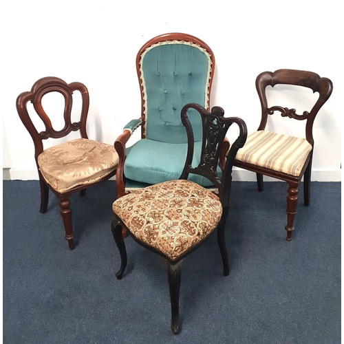 649 - QUEEN ANNE STYLE MAHOGANY OPEN ARMCHAIR
with scroll work to arms and teal upholstery with button bac... 