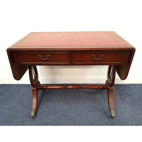 670 - MAHOGANY SOFA TABLE
with tooled red leather inserts to the top and side flaps, with two drawers and ... 